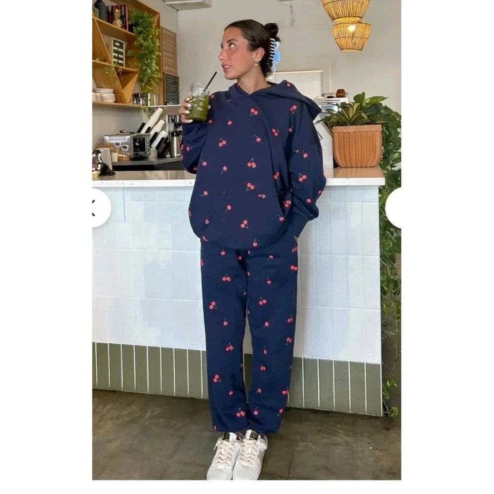 Starfit‎ Navy Blue Cherry Print Matching Set XS Cotton Blend Hoodie Joggers